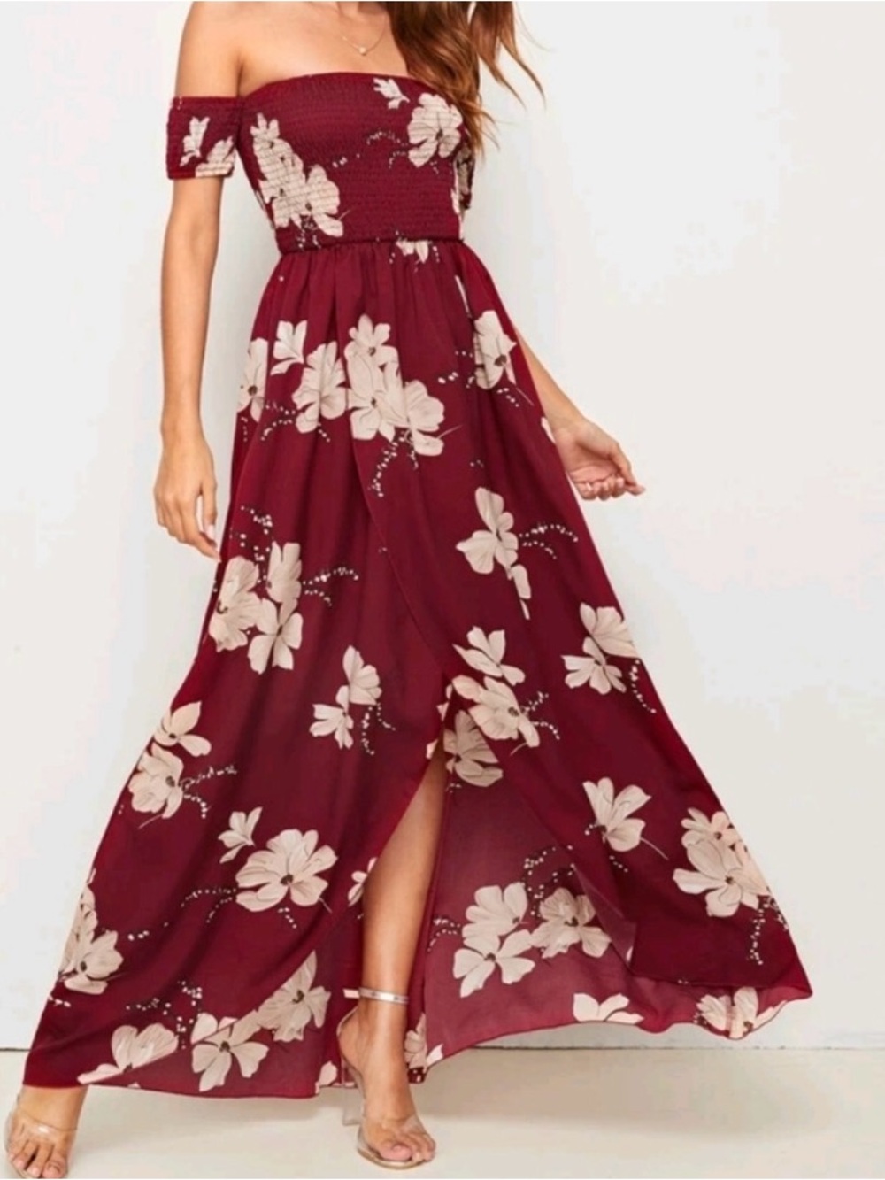 SHEIN Burgundy Off-Shoulder Floral Maxi Dress